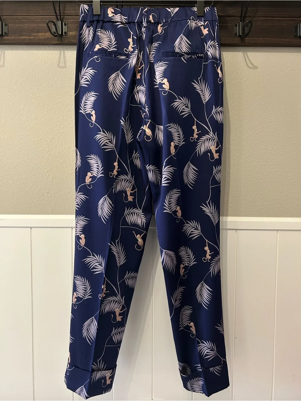 J.Crew Piamita Monkey Palm Print Alexa Silk Pants A3125 Stretch Silk Navy Blue